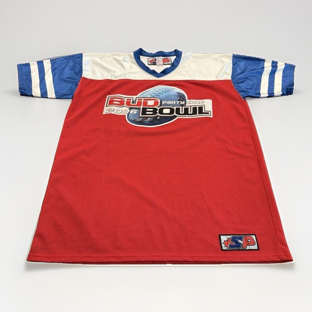 Vintage SP Mens Red White Blue Bud Party Zone 2006 Bowl Hockey Jersey Size 3XL